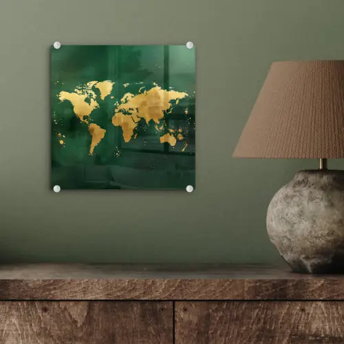 Wereldkaart - Groen - Goud plexiglas 5mm klein -sfeer3