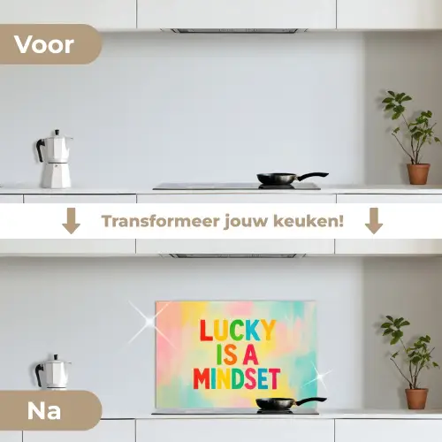 Quote - Lucky - Regenboogkleuren keuken achterwand spatscherm klein -voor_na_NL