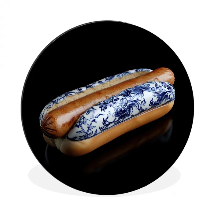 Hotdog - Porselein - Delfts blauw - Eten Wandcirkel aluminium klein -3d