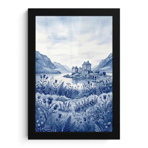 Schots - Kasteel - Blauw - Aquarel fotolijst zwart zonder passe partout klein -3d