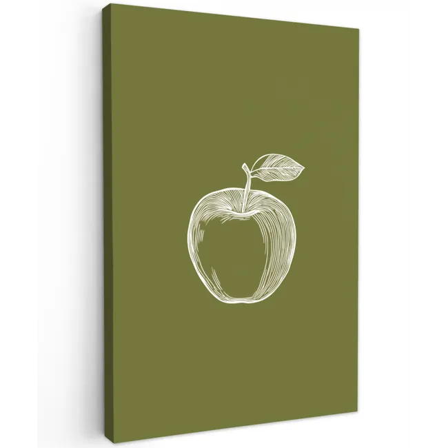 Lijntekening - Appel - Olijfgroen - Blaadje Tuinposter op houten frame 2 cm dik klein -3d