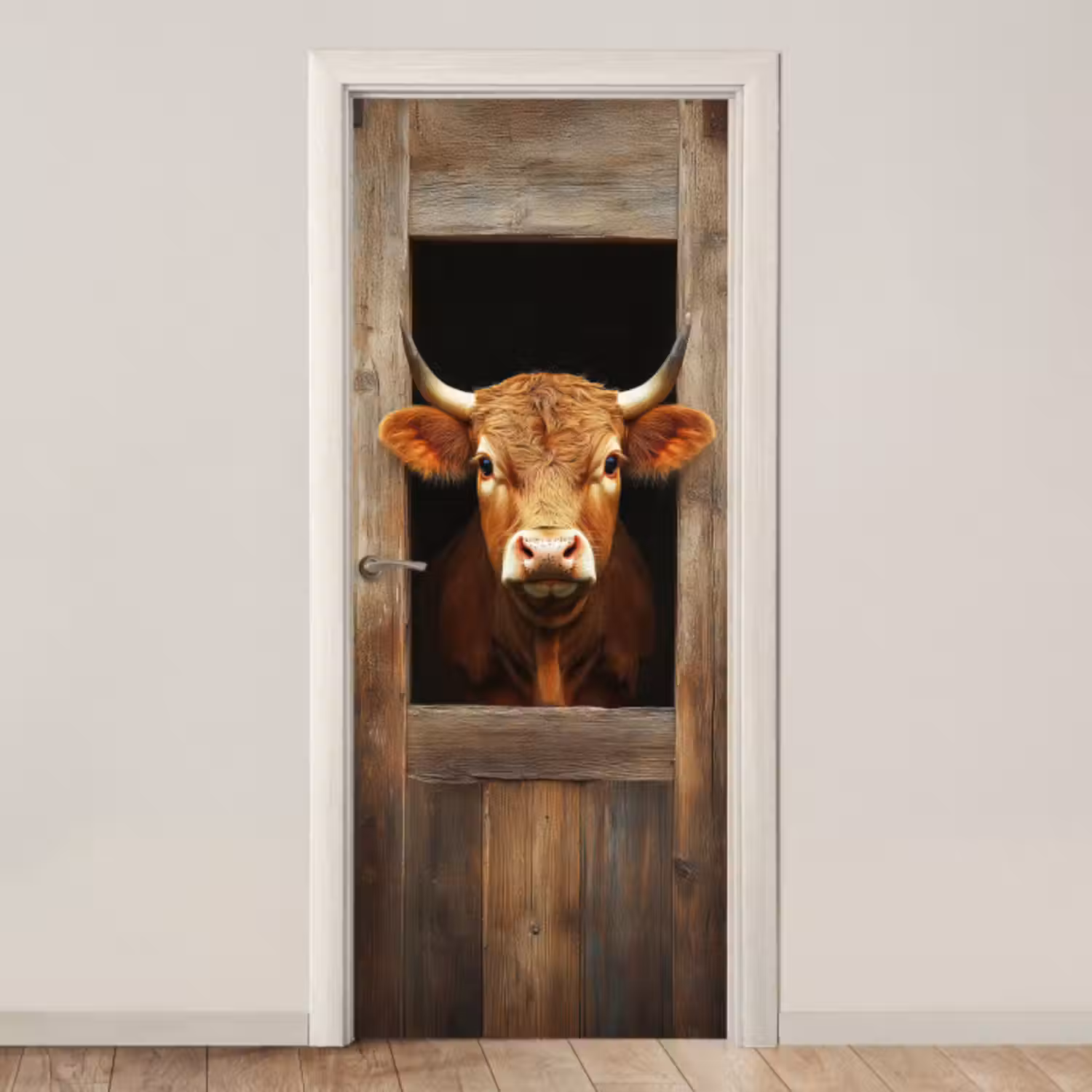 Deursticker - Koe - Doorkijk - Raam - Hout - Dieren