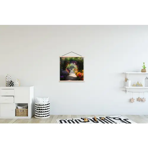 Doorkijk - Pad - Bloemen - Struik - Kleurrijk textielposter latten blank klein -kinderkamer
