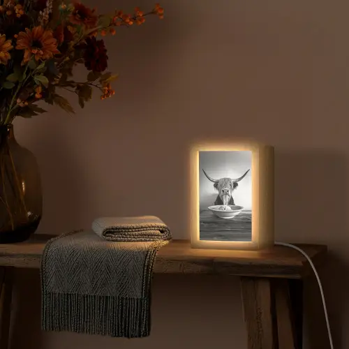Schotse Hooglander - Spaghetti - Dieren - Zwart wit Light Box met kabel (Tafellamp) klein -sfeer4