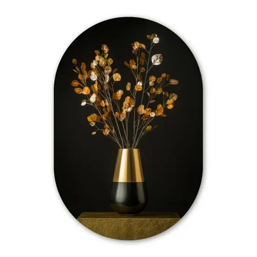 Goudbruine - Bladeren - Vaas - Herfstachtig Wandcirkel Ovaal Glas middel -3d
