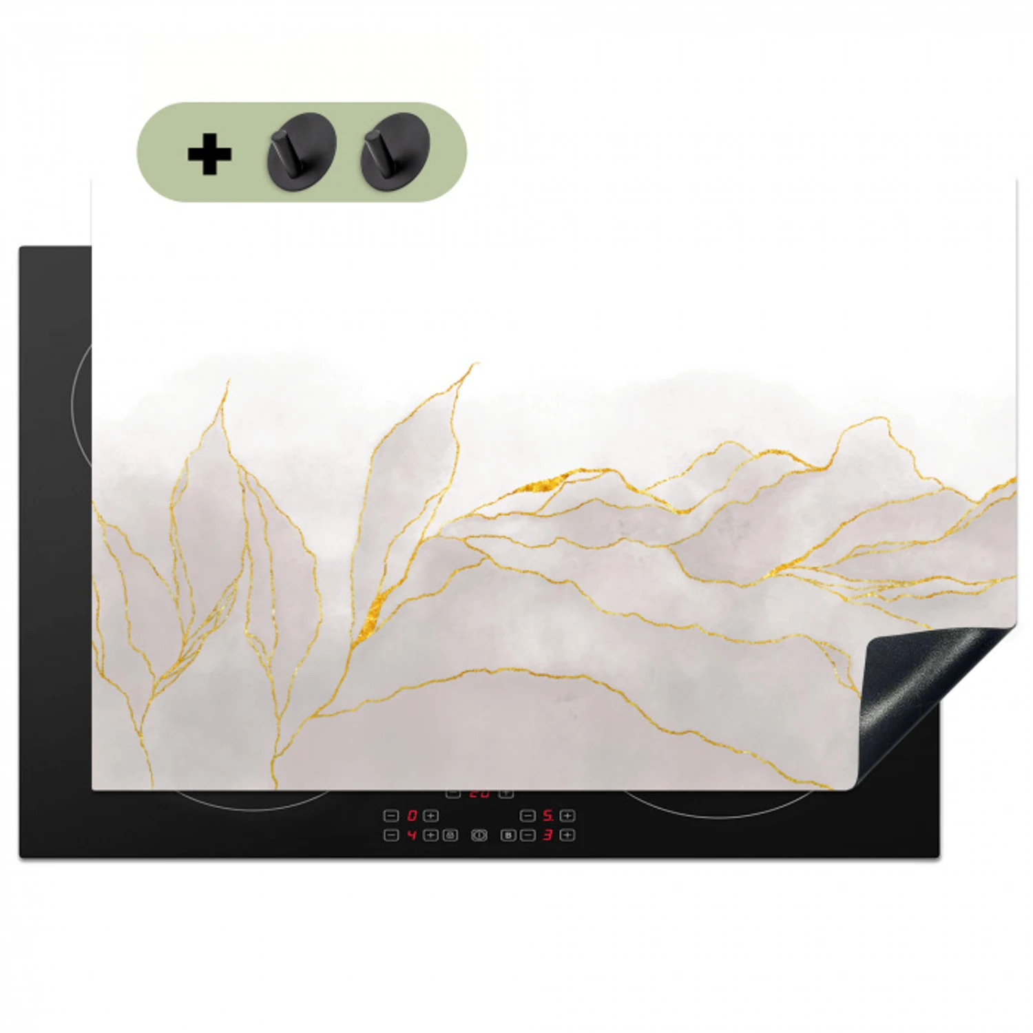 Marmerlook - Grijs - Goud - Chic - Marmer Inductie beschemer met haakjes klein -3d