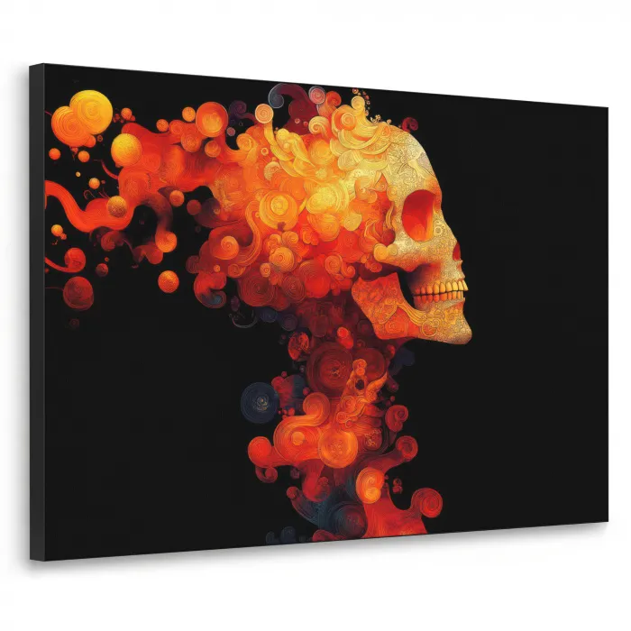 Schedel - Oranje - Zijaanzicht - Vlammen Textielframe zwart klein -3d