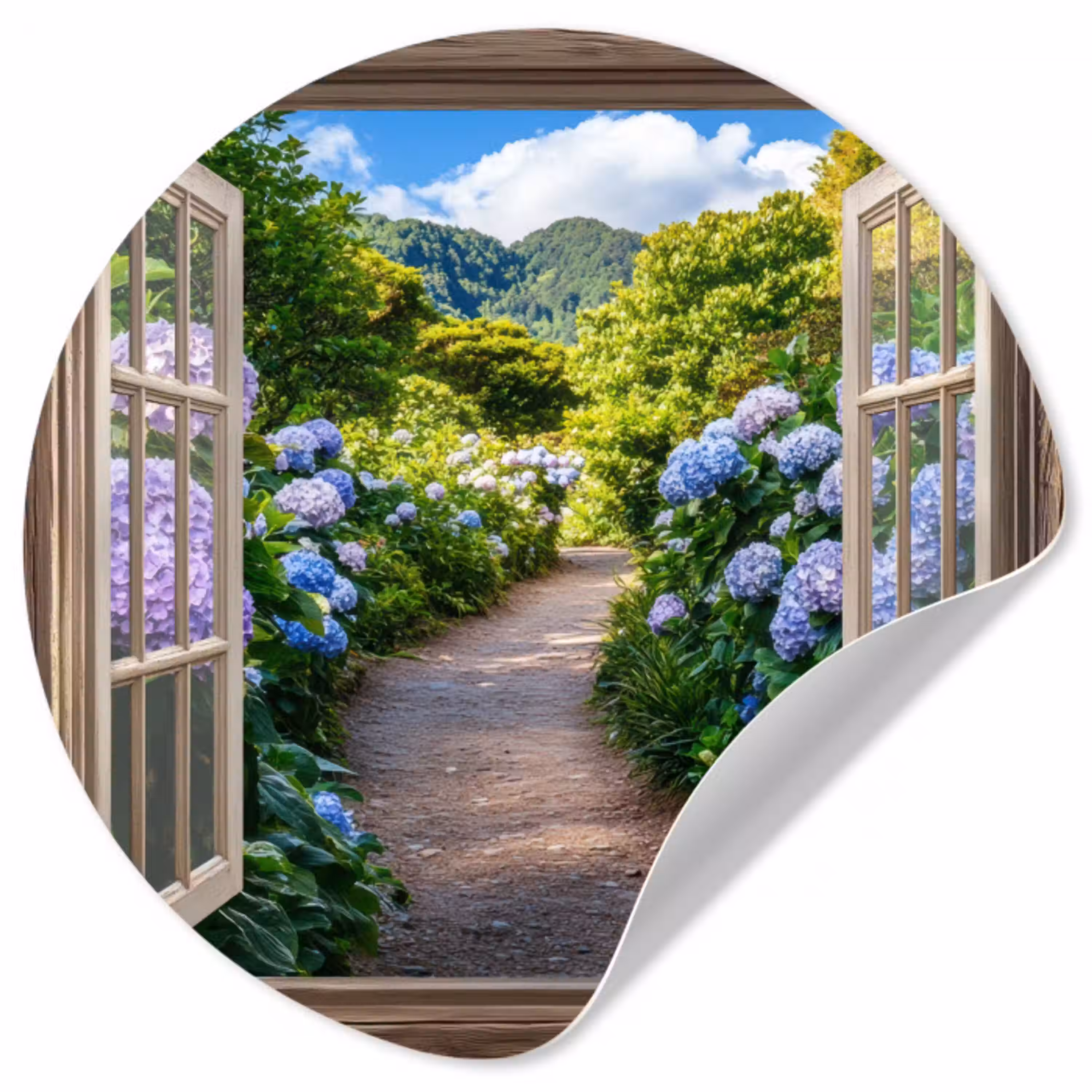 Doorkijk - Hortensia - Pad - Natuur Wandcirkel behangsticker klein -3d