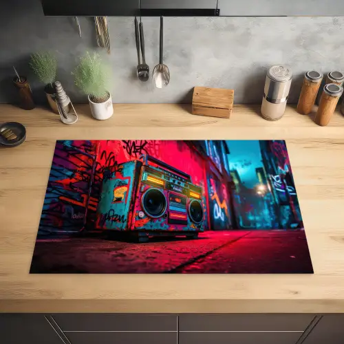 Boombox - Rood - Graffiti - Neon Inductie beschermer vinyl 3mm klein -sfeer5