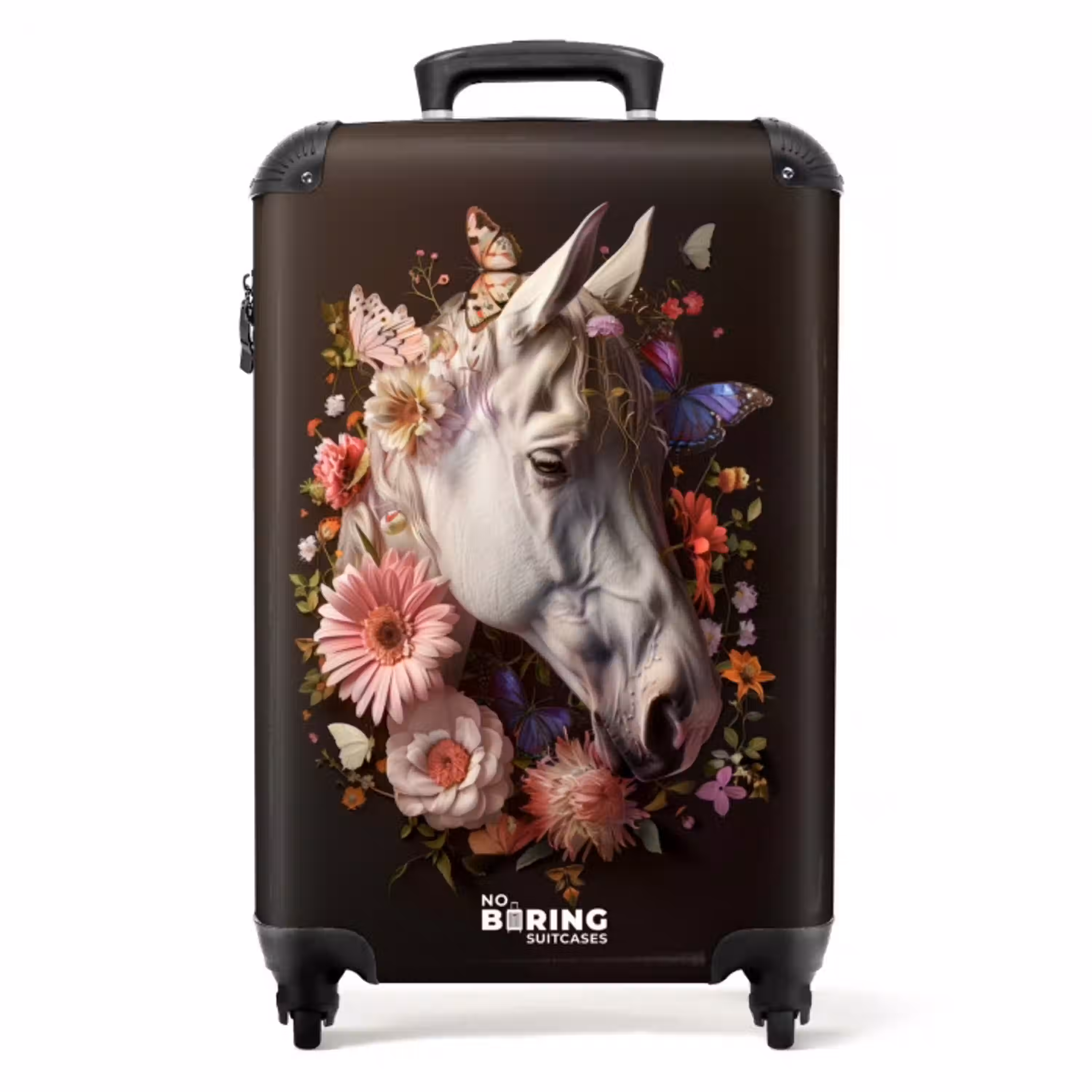Wit paardenhoofd tussen kleurrijke bloemenkrans NBS - Handbagage koffer - Unisex middel -productfoto_recht