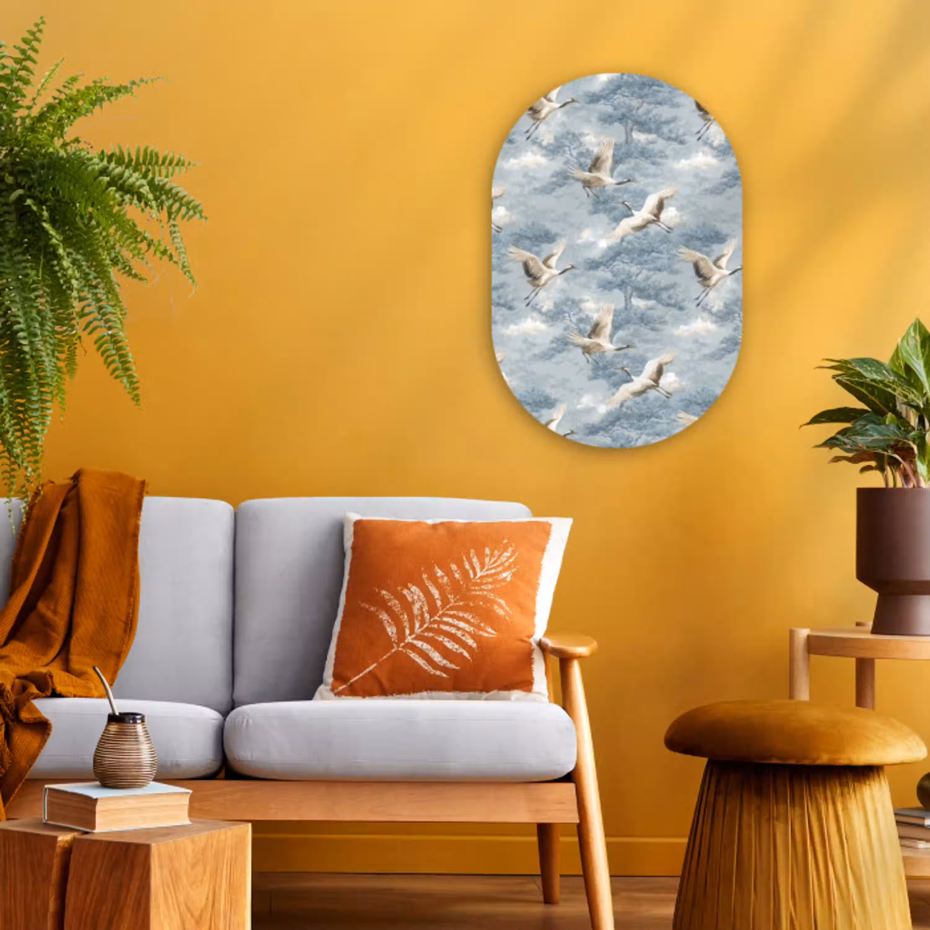 Wolken - Kraanvogels - Blauw Wandcirkel Ovaal Forex klein 630 -sfeer4