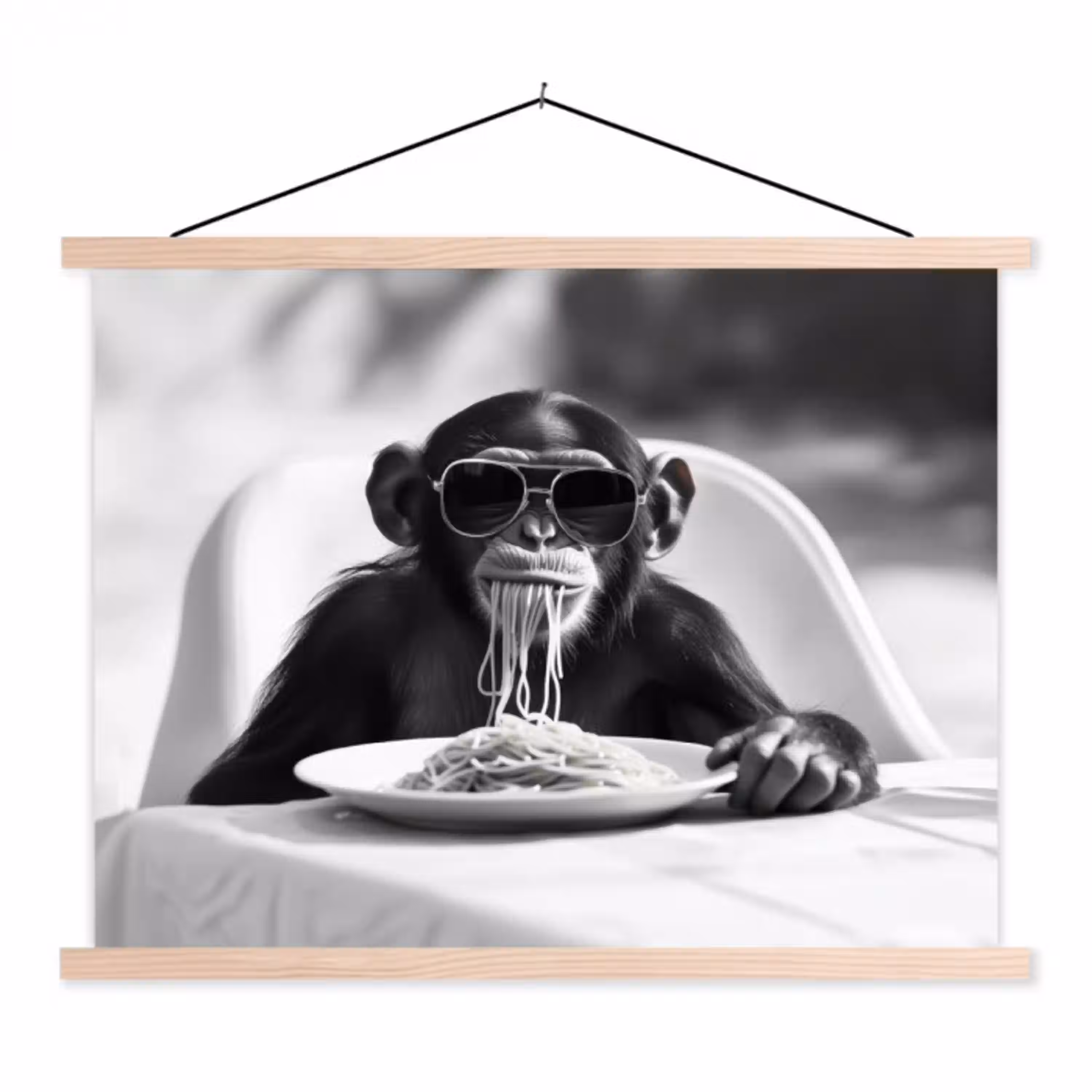 Aap - Spaghetti - Zonnebril - Zwart wit - Cool - Dier textielposter latten blank klein -3d