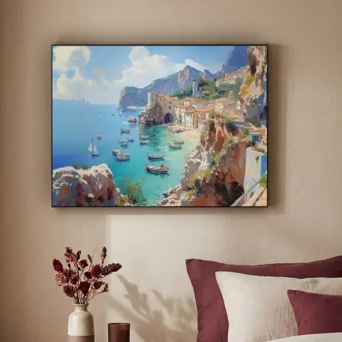 Kustdorp - Schilderij - Rotsen - Boten Textielframe zwart klein -sfeer1