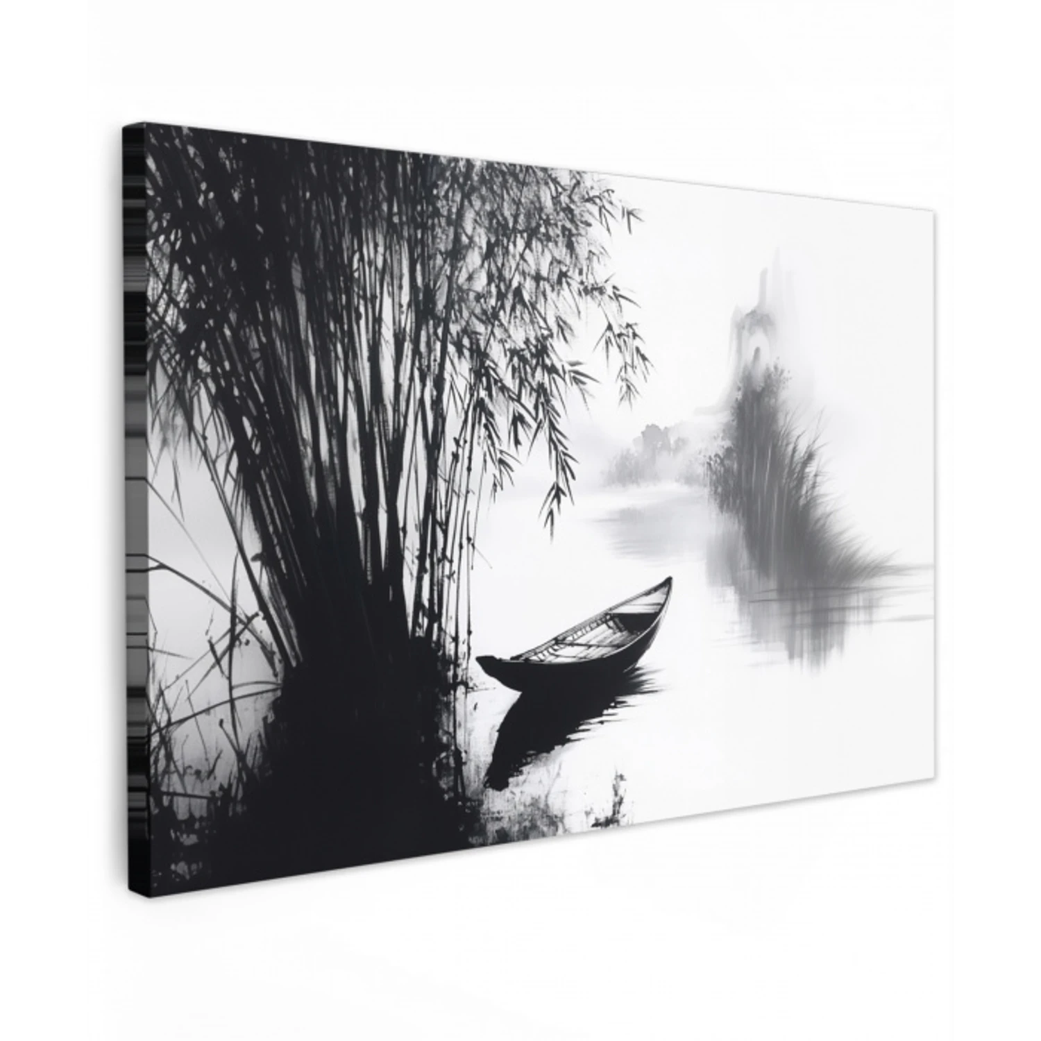 Boot - Rivier - Bamboe - Wit Tuinposter op houten frame 2 cm dik klein -3d