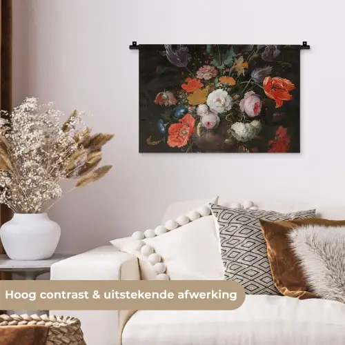 Stilleven met bloemen en een horloge - Schilderij van Abraham Mignon Wandkleed katoen klein -sfeer1