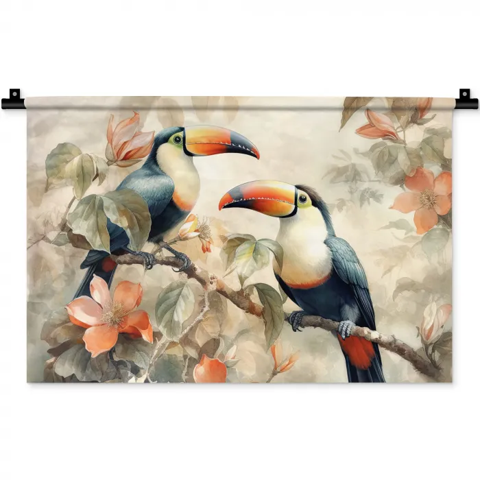 Toekan - Vogels - Bloemen - Tak Wandkleed katoen klein -zz3d