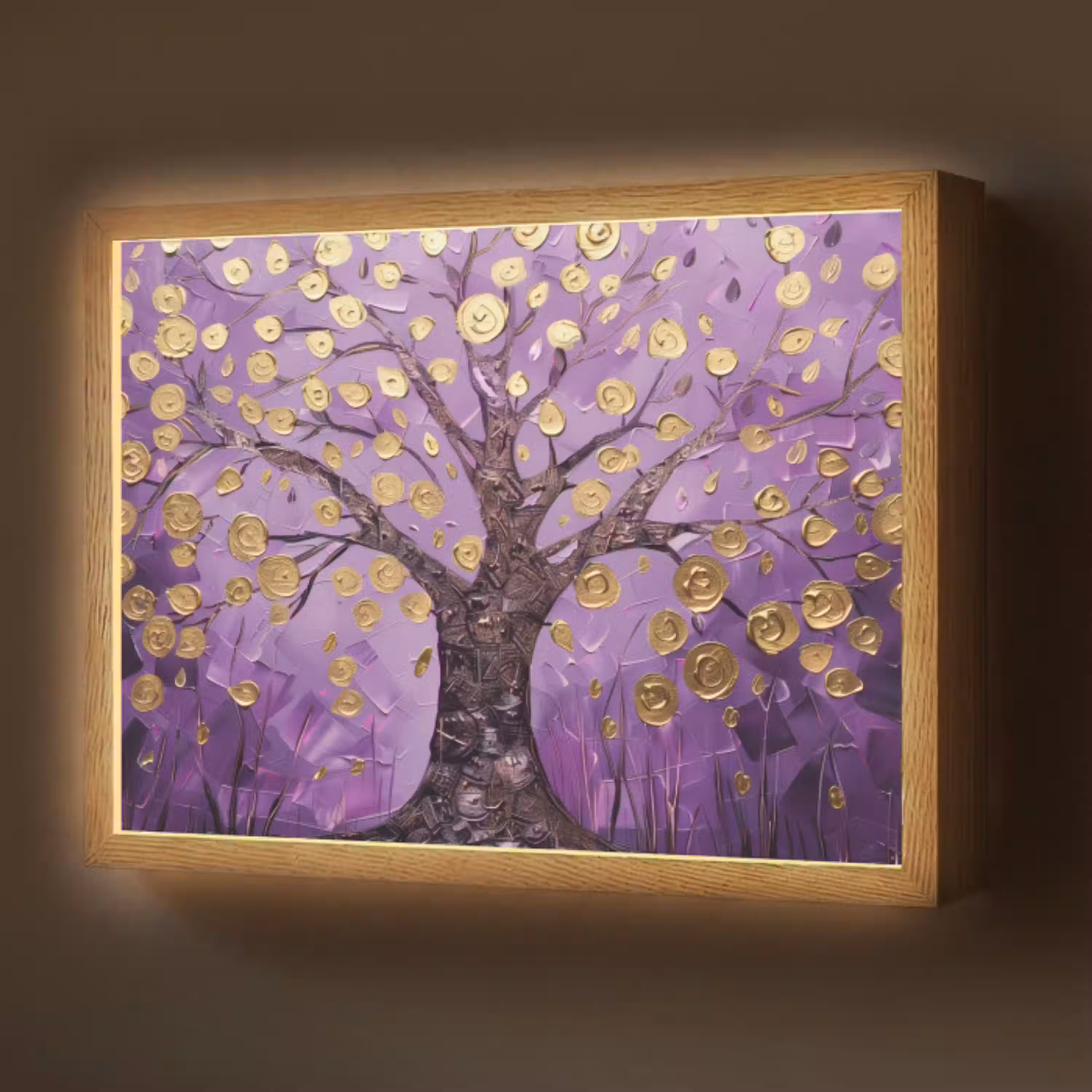 Levensboom - Boom - Paars - Goud - Modern Light Box met batterij (Wandlamp) middel -z3d_website