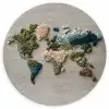 Wereldkaart - Geborduurd - Aardetinten Wandcirkel kunststof plaat 5mm dik klein -3d