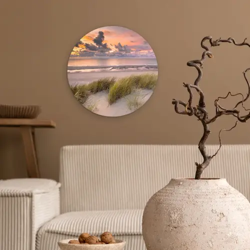 Zonsondergang - Duin - Strand - Planten - Zee Wandcirkel kunststof plaat 5mm dik klein -sfeer1