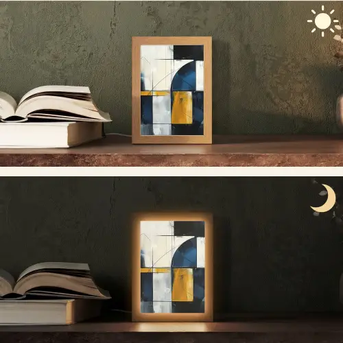 Abstract - Vormen - Goud - Blauw - Geometrisch Light Box met kabel (Tafellamp) klein -sfeer3