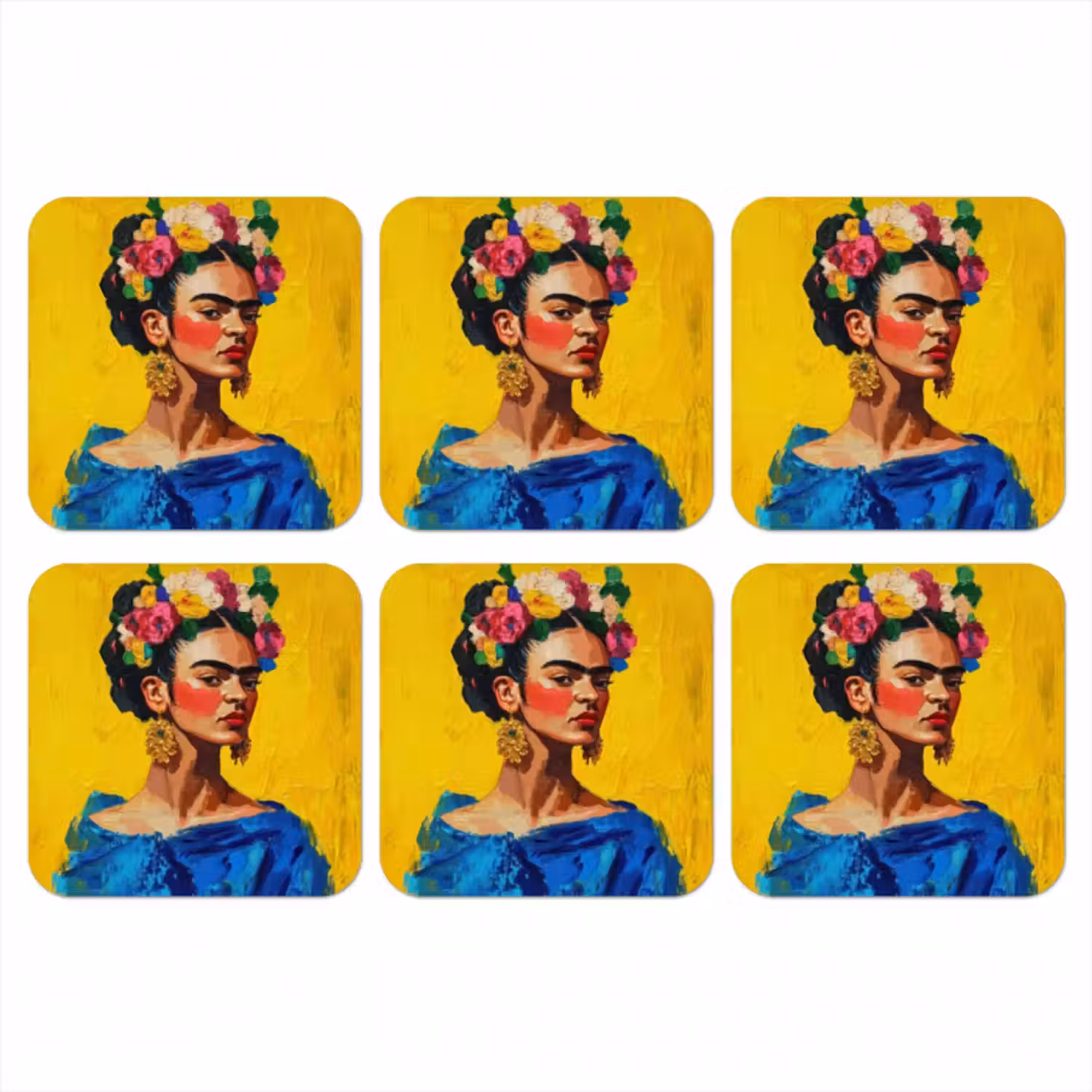 Untersetzer​ - Frida Kahlo - Frau - Gelb - Blau - Blumen