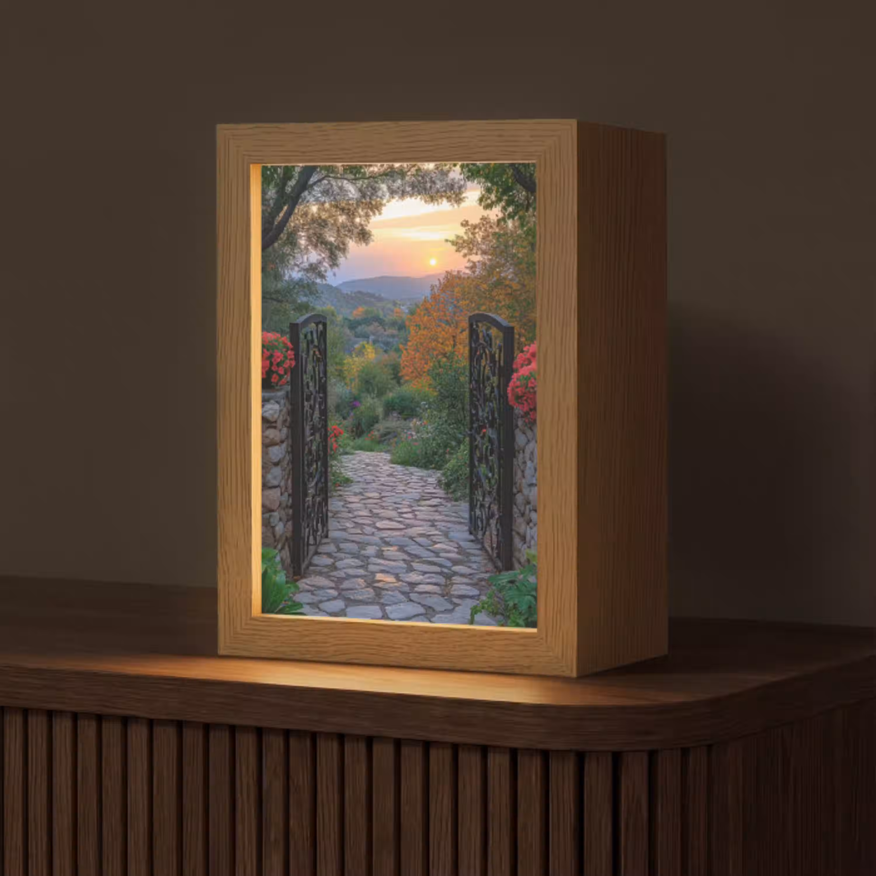 Landschap - Hek - Pad - Zonsondergang - Natuur Light Box met kabel (Tafellamp) klein -z3d_website