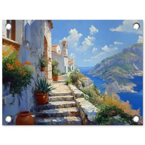 Trap - Huizen - Berglandschap - Zee tuinposter los doek klein -3d