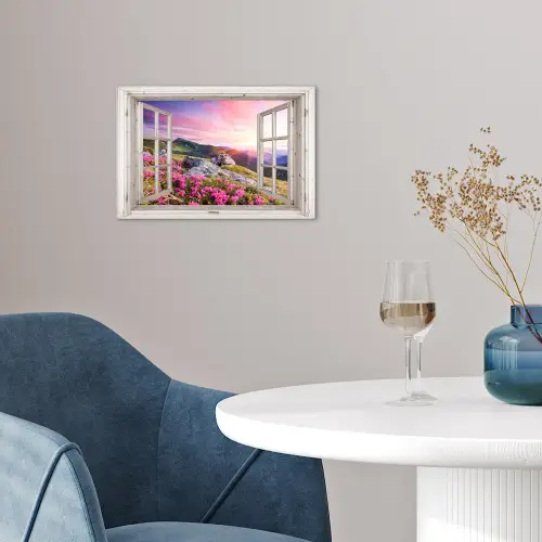 Bergen - Landschap - Doorkijk - Bloemen - Avond - Roze poster papier klein -sfeer3