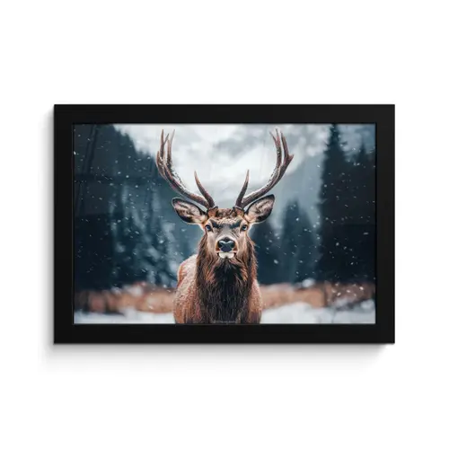 Hert - Winter - Hertenkop - Sneeuw - Gewei fotolijst zwart zonder passe partout klein -3d