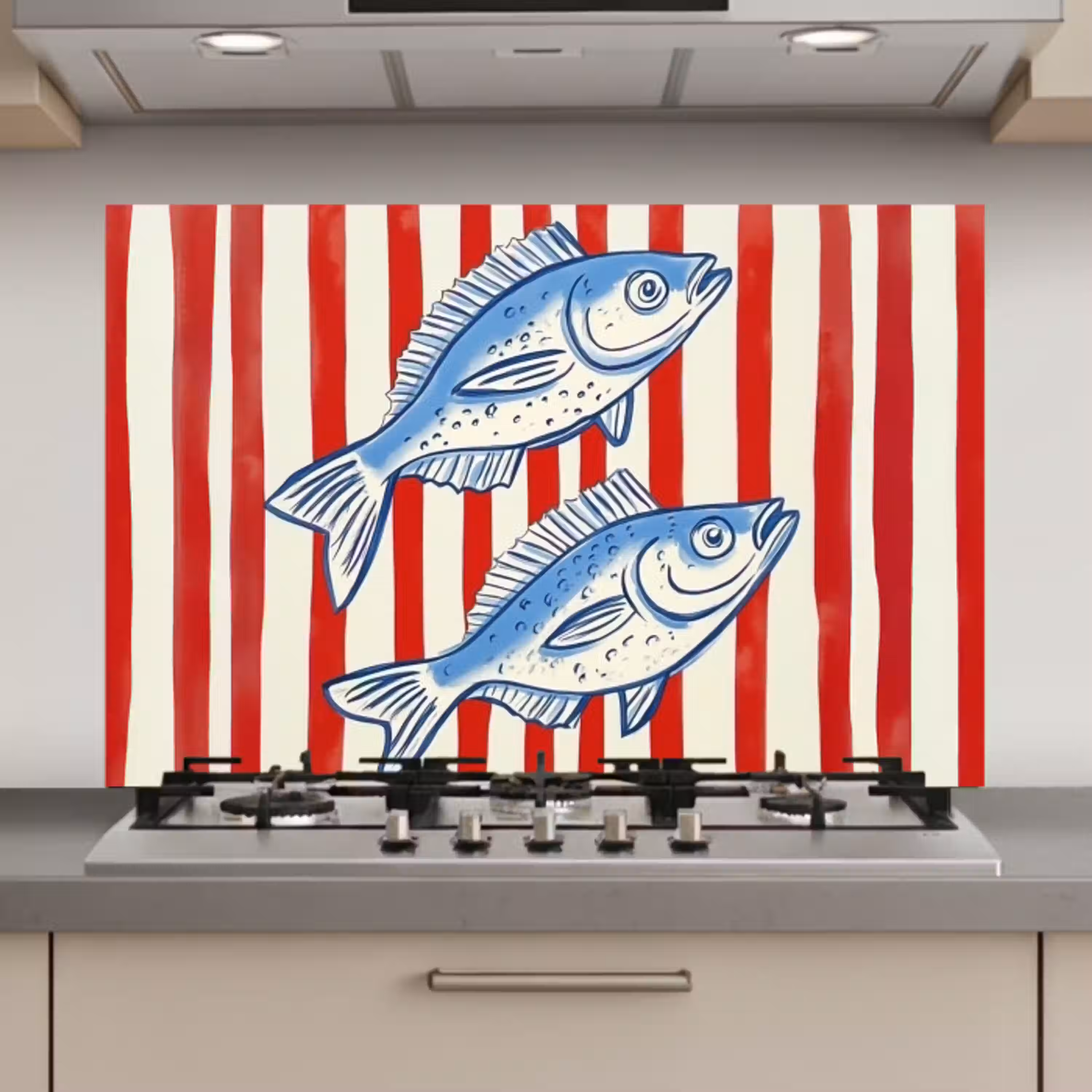 Vissen - Verticale strepen - Blauw - Rood keuken achterwand spatscherm klein -3d_website