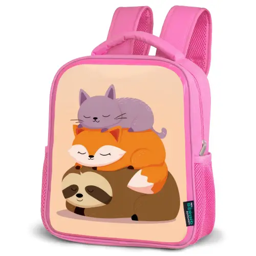 Luiaard - Vos - Kat - Slaperig Kinderrugzak - Roze middel -schuin