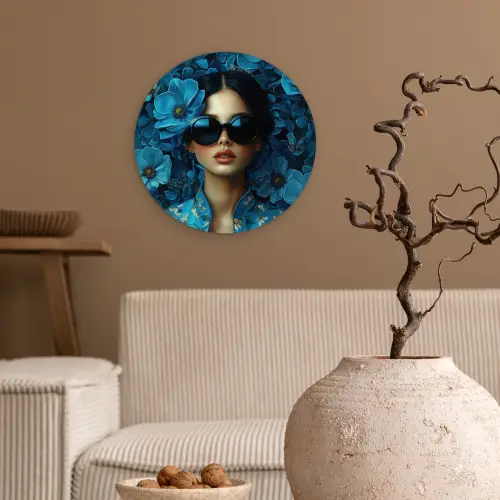 Vrouw - Bloemen - Blauw - Aesthetic - Luxe Wandcirkel kunststof plaat 5mm dik klein -sfeer1