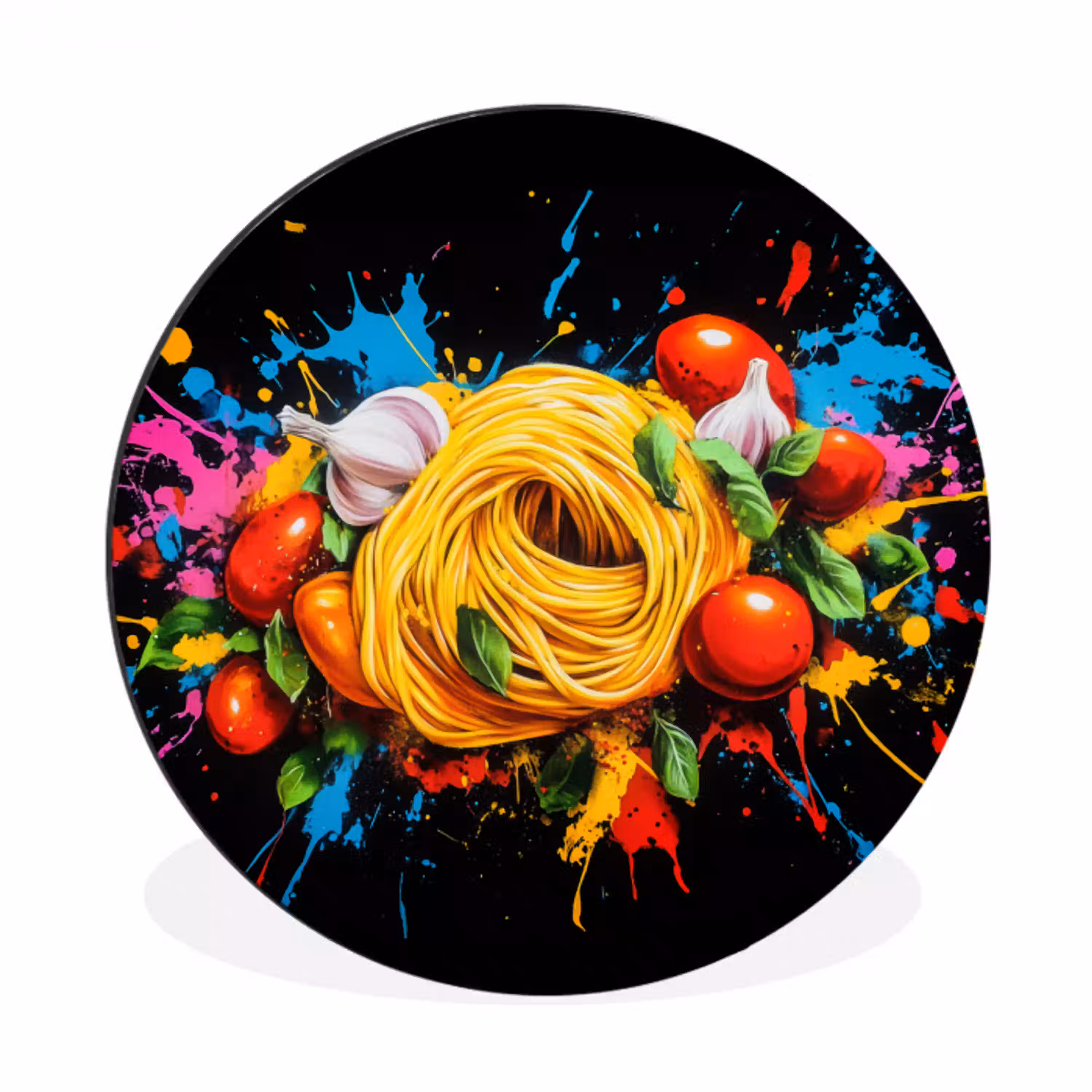 Spaghetti - Graffiti - Verf - Kleurrijk - Eten - Modern Wandcirkel aluminium klein -3d