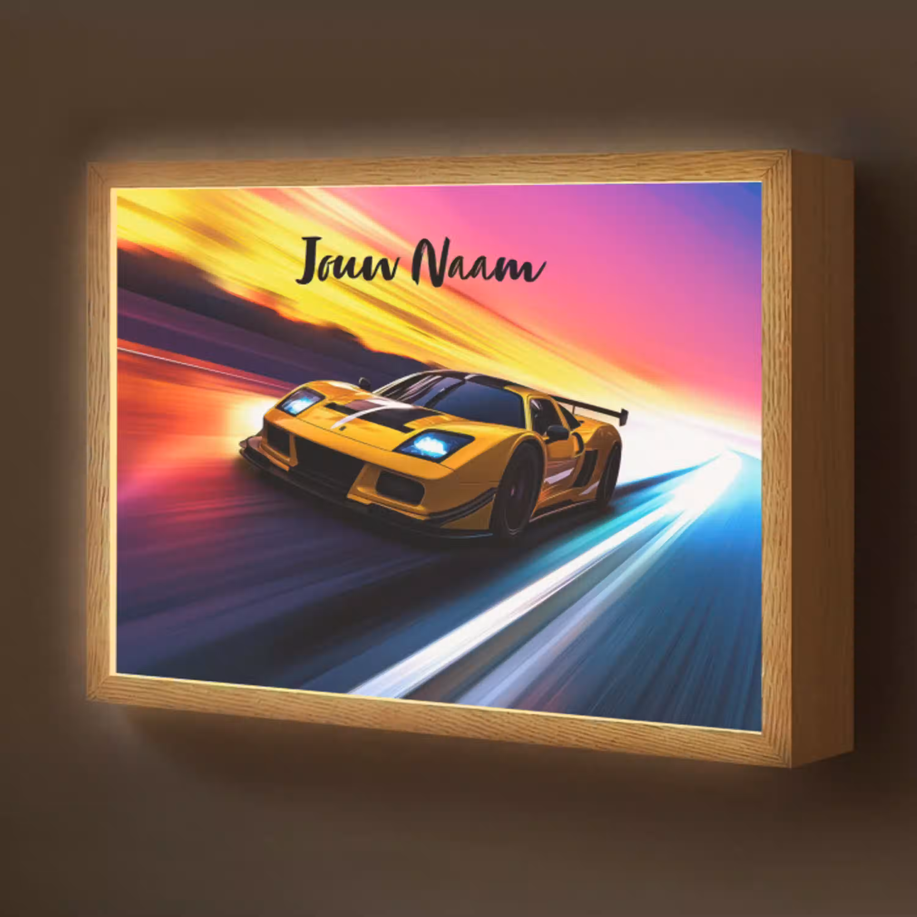 Gele raceauto - Kleurrijk - Neon Light Box met batterij (Wandlamp kind) middel -z3d_website