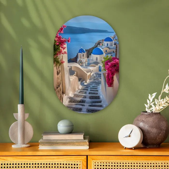 Santorini - Bloemen - Griekenland Wandcirkel Ovaal Forex klein -sfeer2