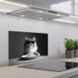 Langharige kat - Zonnebril - Spaghetti - Humor - Zwart - wit keuken achterwand spatscherm klein -3d_schuin