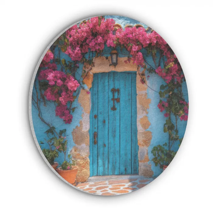Deur - Hout - Bloemen - Blauw Akoestische PET Vilt - Rond klein -3d