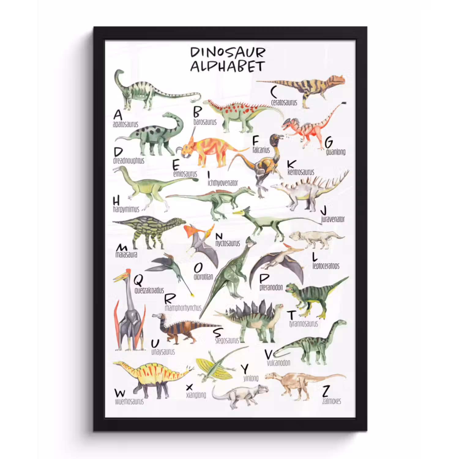 Poster met lijst - Alfabet - Dinosaurus - Jongens - Meisjes - Kinderen - Educatief