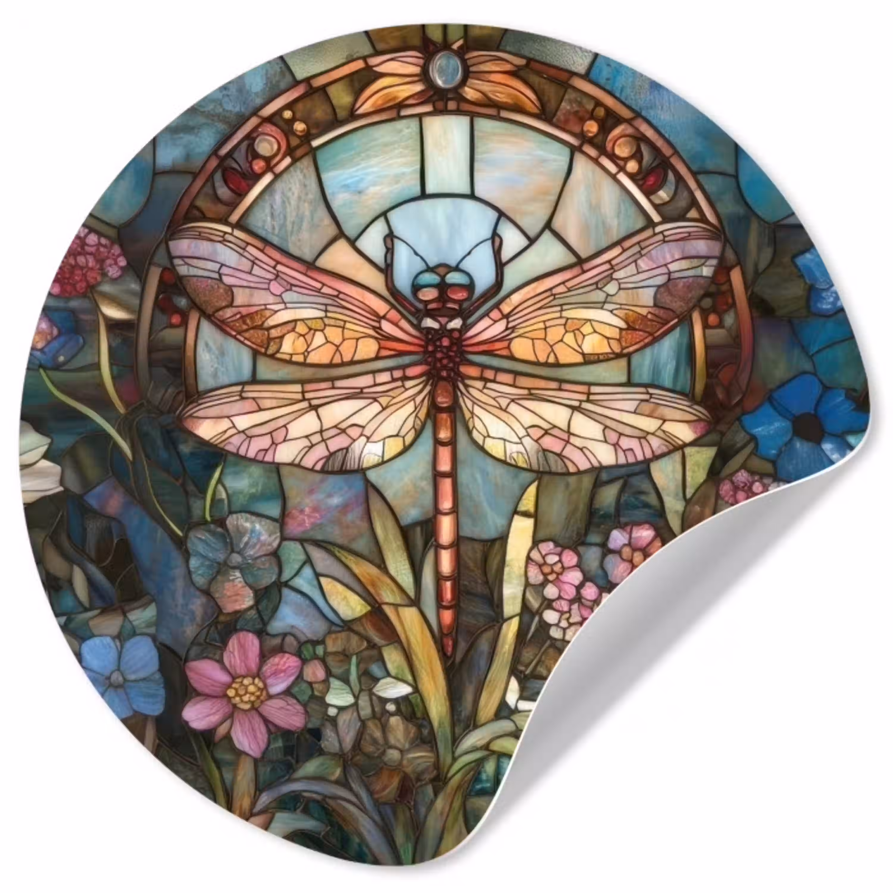 Libelle - Mozaïek - Bloemen - Kleurrijk Wandcirkel behangsticker klein -3d