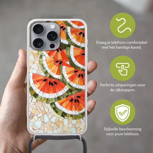 Mozaïek - Watermeloen - Rood - Pitten Hoesje iPhone 16 Pro Max met koord klein -sfeer2_NL