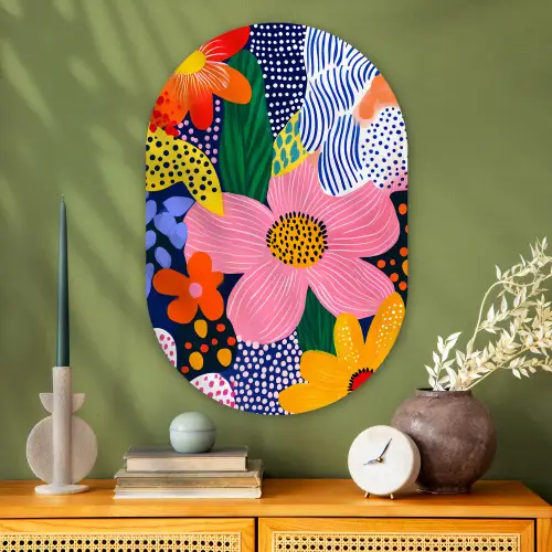 Kleurrijk - Bloemen - Abstract - Stippen Wandcirkel Ovaal Glas middel -sfeer2