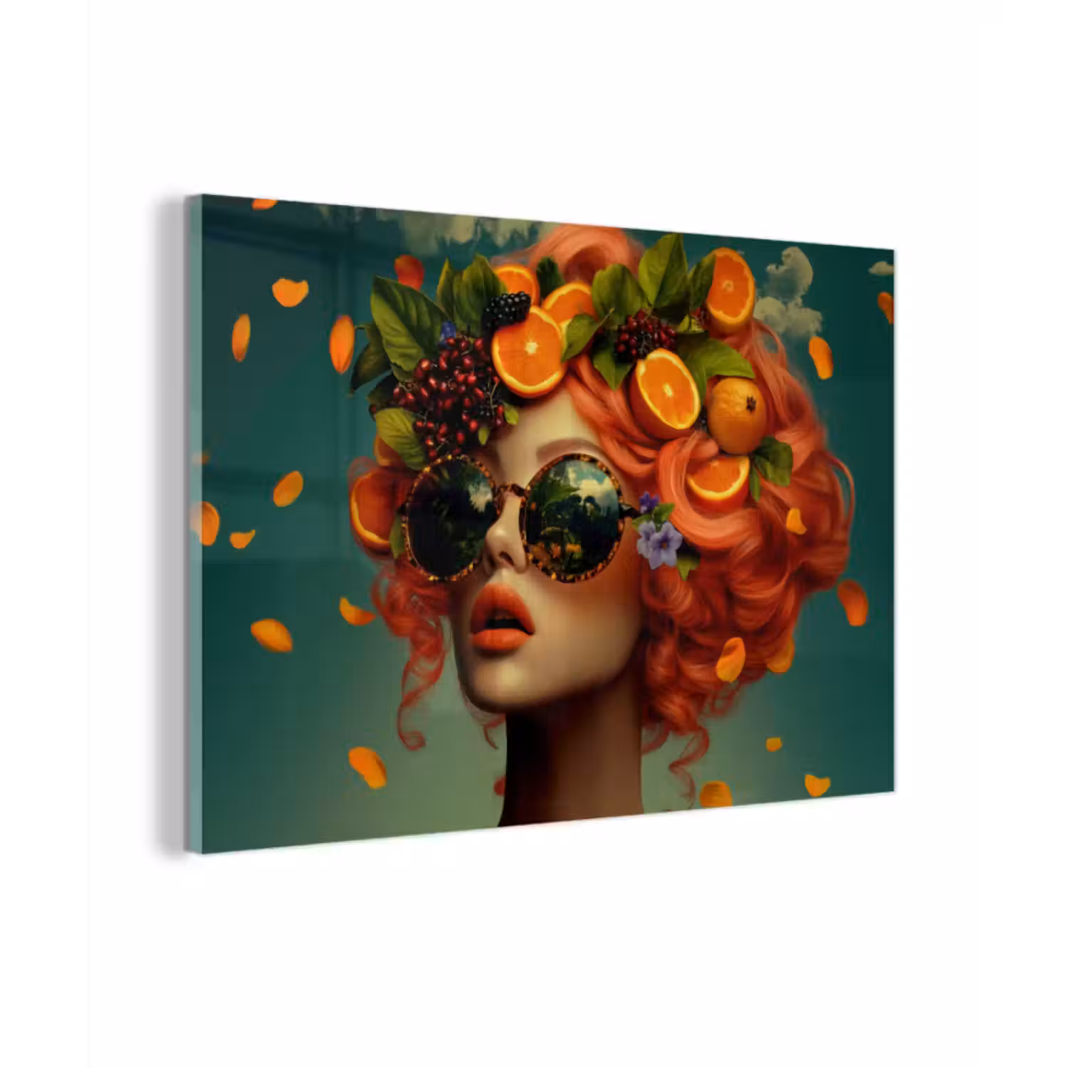 Glas schilderij - Vrouw - Sinaasappel - Bessen - Oranje