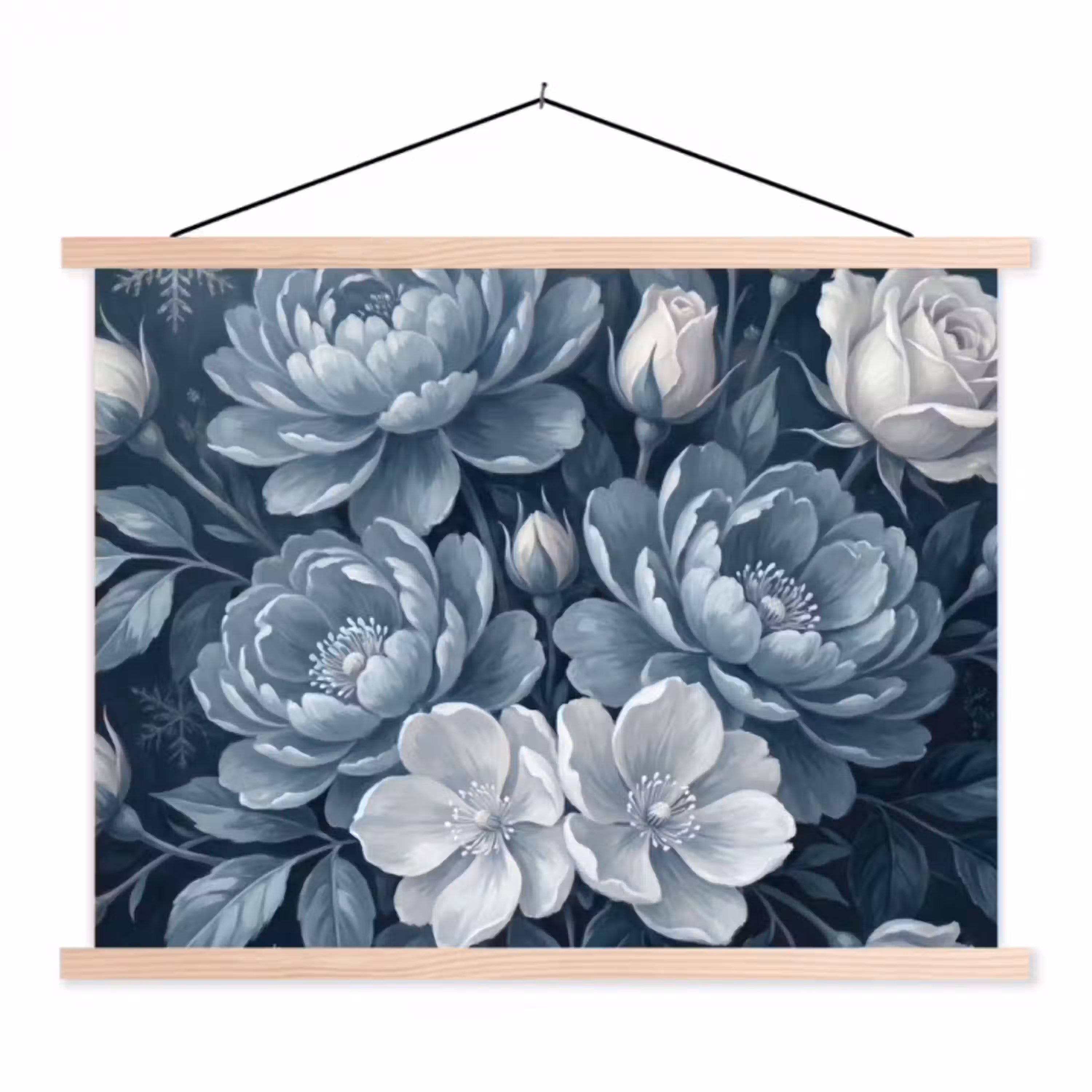Bloemen - Boeket - Winter - Abstract - Blauw textielposter latten blank klein -3d