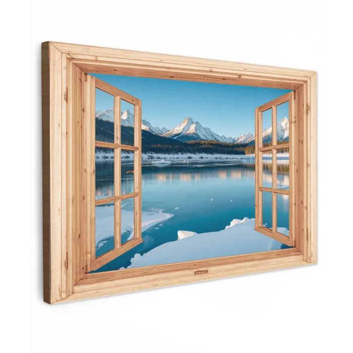 Doorkijk - Landschap - Winter - Meer - Bergen - Uitzicht Tuinposter op houten frame 2 cm dik klein -3d