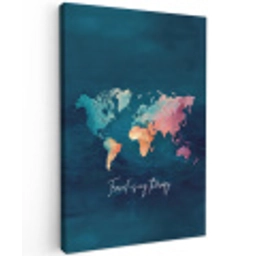 Wereldkaart - Geschilderd - Blauw - Travel Tuinposter op houten frame 2 cm dik middel -3d