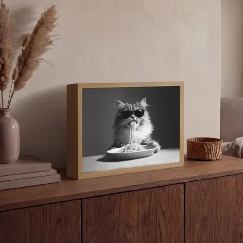 Langharige kat - Zonnebril - Spaghetti - Humor - Zwart - wit Light Box met batterij (Wandlamp) middel -sfeer2