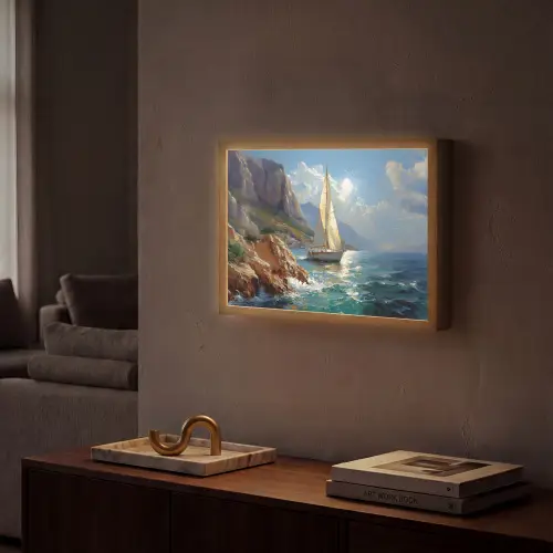 Zeilschip - Zee - Rotsen - Wolken Light Box met batterij (Wandlamp) middel -sfeer1