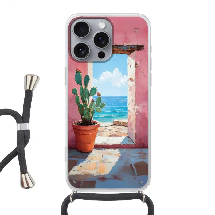 Zee - Roze - Cactus Hoesje iPhone 16 Pro Max met koord klein -3d