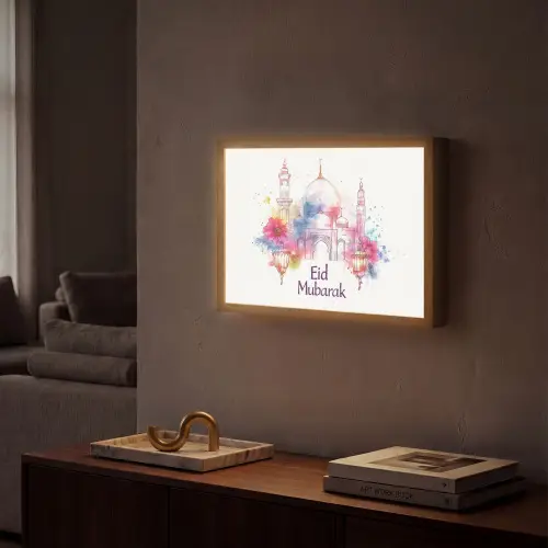 Moskee - Eid Mubarak - Suikerfeest - Kleurrijk - Ramadan - Islamitische Light Box met batterij (Wandlamp) middel -sfeer1