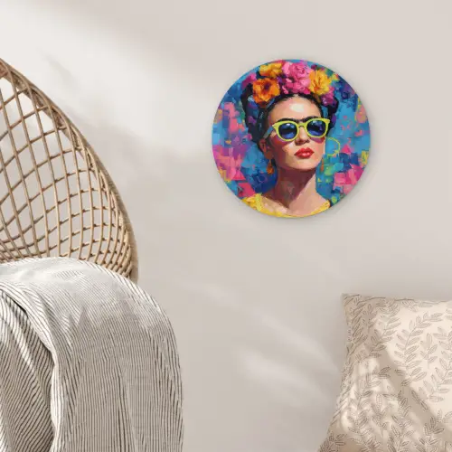 Vrolijk portret - Vrouw - Bloemenkroon Wandcirkel kunststof plaat 5mm dik klein -sfeer5